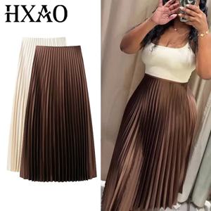 HXAO 여성 플리츠 스커트 여름 브라운 러플 스커트 실린더 플리츠 미드 웨이스트 미디 스커트 패션 우아한 여성 롱 스커트 2025