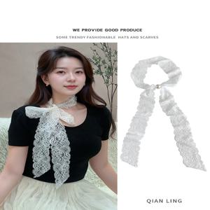 화이트 레이스 롱 스카프 여성용 새시 한국 스타일 헤어밴드 장식 넥 스카프 패셔너블 봄 여름 실크 스퀘어 스카프