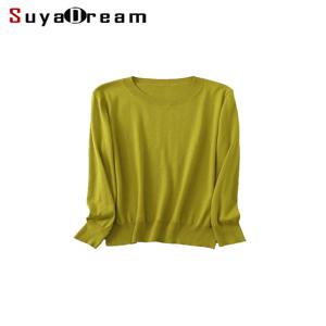 SuyaDream 여성 기본 스웨터 실크 및 캐시미어 블렌드 O 넥 풀오버 솔리드 스웨터 2024 가을 겨울 바닥 셔츠