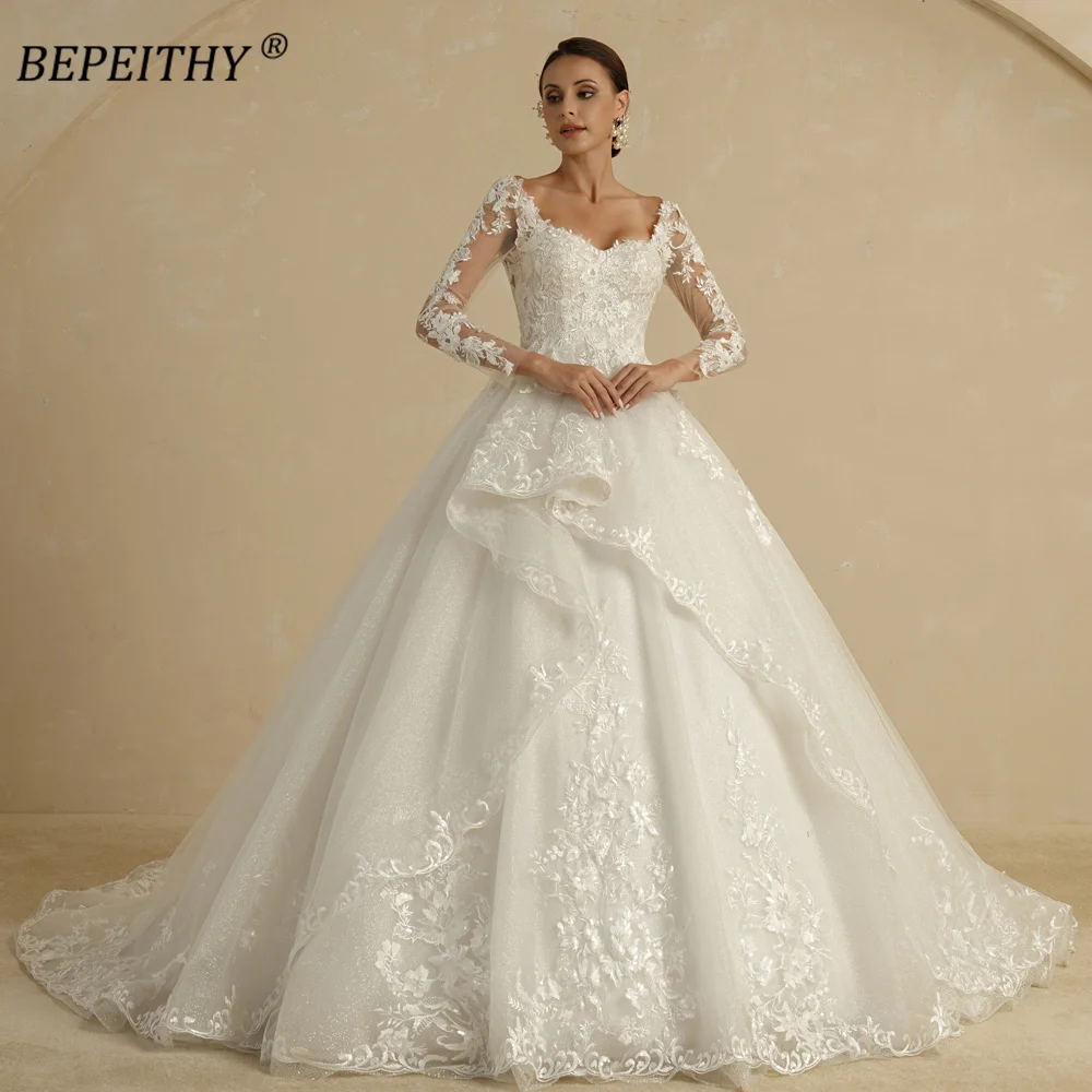 BEPEITHYCustomized 반짝이 볼 가운 웨딩 드레스 여성을위한 풀 슬리브 신부 2022 Sweetheart Ruffle 스커트 Shinny Bridal Dress