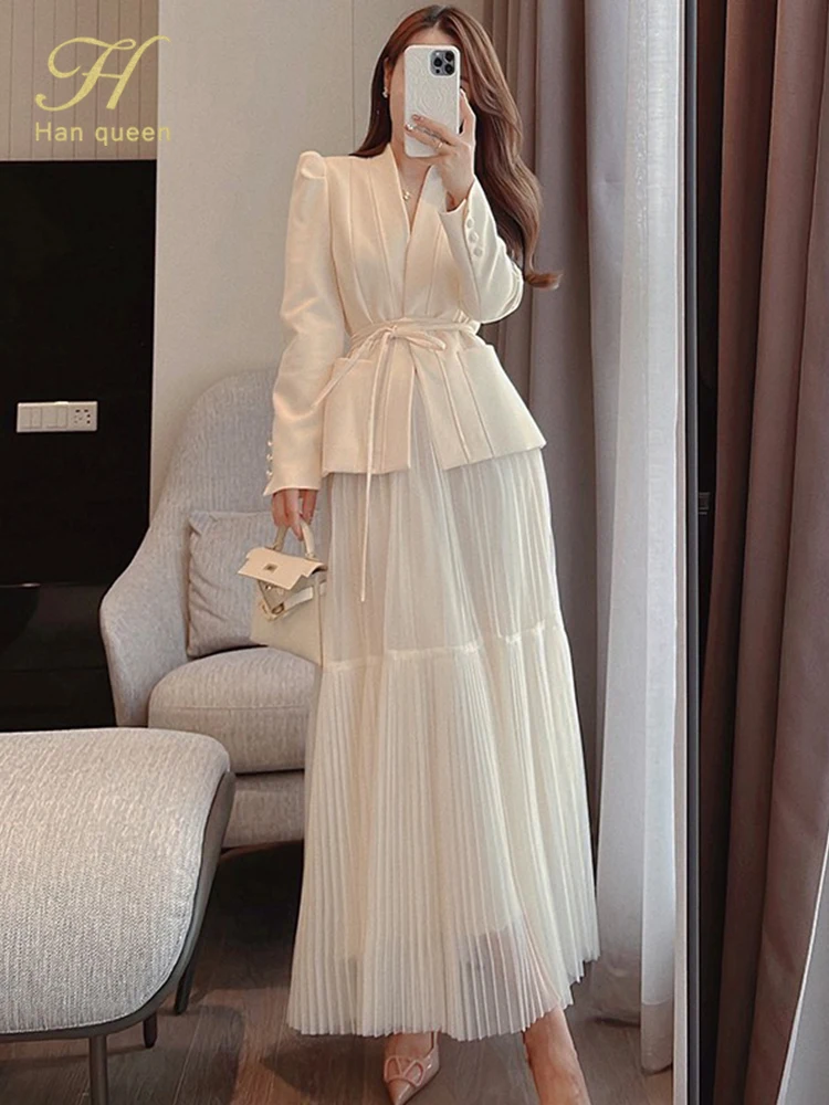 H Han Queen 여성용 우아한 한국 레이스업 패션 블레이저 + 롱 메쉬 스커트, 캐주얼 이브닝 파티 2 종 세트, 가을 신상 스커트
