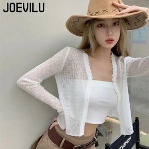 JOEVILU 얇은 선 스크린 셔츠 여성 여름 겉옷 자르기 탑 속이 빈 흰색 긴팔 카디건 우아한 캐주얼 숄 코트