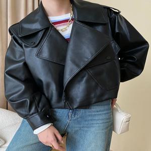 Ailegogo 여성용 하이 스트리트 짧은 PU 인조 가죽 재킷, 모토 바이커 여성 루즈 빅 포켓 코트, 시크 아우터, 용수철 가을