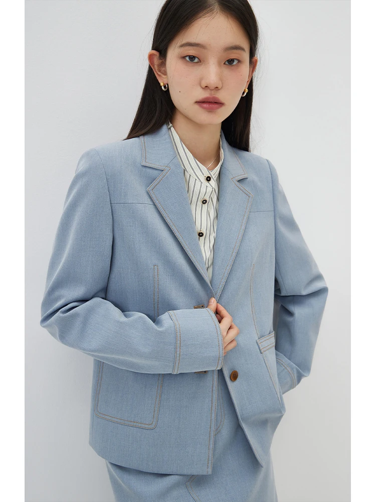 ZIQIAO 라이트 데님 컬러 프론트 숄더 세트 재킷, 노치 칼라, 싱글 브레스트, 오피스 레이디 포켓 디자인 블레이저, 24ZQ91122