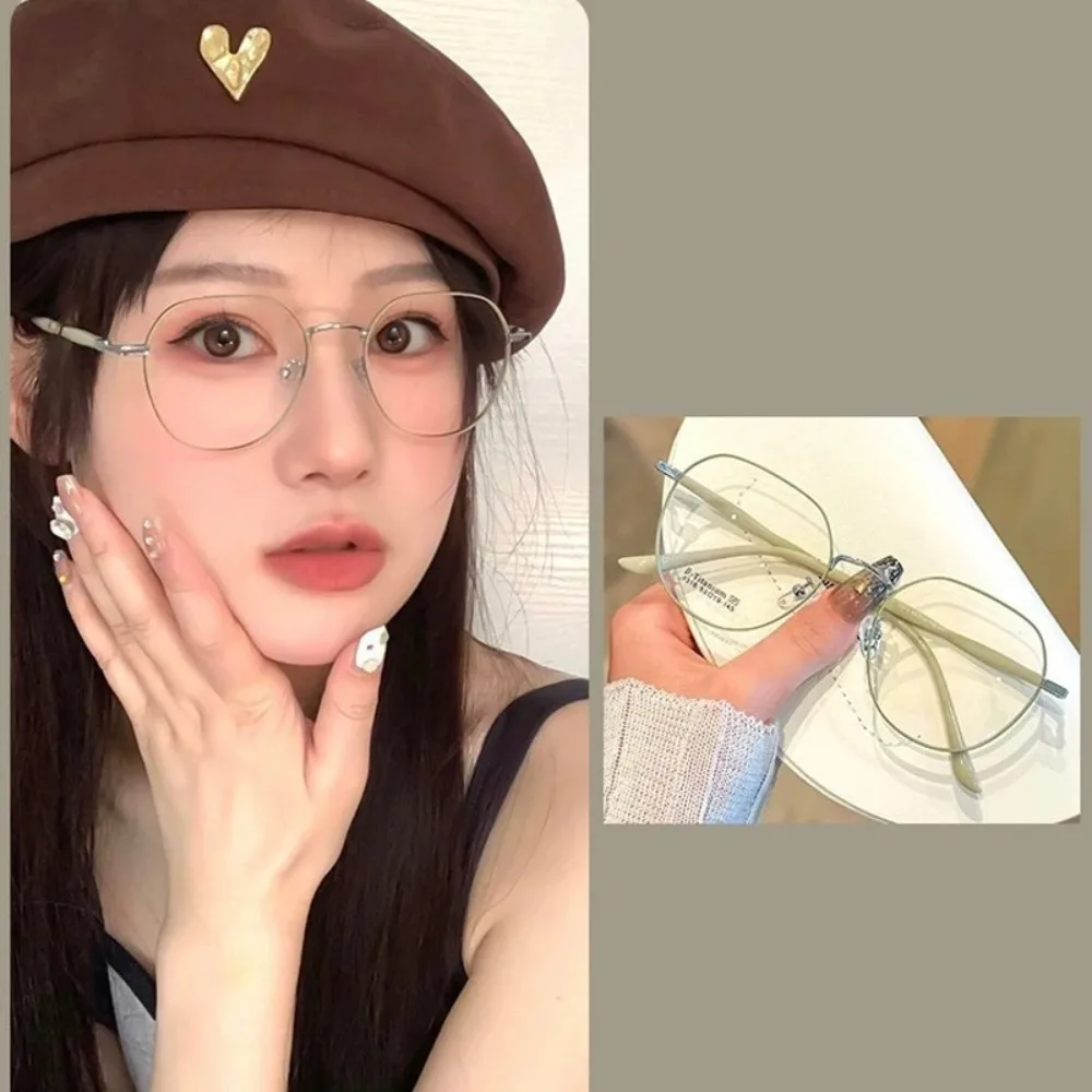 여성용 다각형 메탈 프레임 안경 0 플랫 미러 소녀용 안경 블루라이트 차단 안경 패션 안경