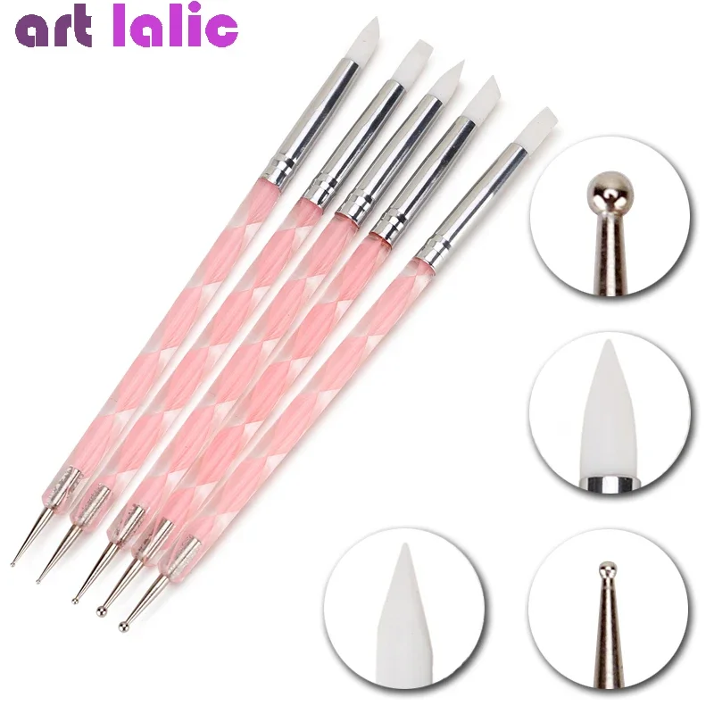 5Pcs 2 웨이 네일 아트 아크릴 실리콘 포인트 꽃 네일 펜 스테인레스 스틸 도트 도구 Marbleizing 그림 펜