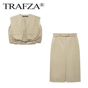 TRAFZA 새로운 여성 지퍼 포켓 디자인 오-넥 민소매 양복 조끼 + 버튼 벨트 장식 하이 웨스트 롱 스커트 2 피스 세트