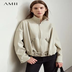 AMII 미니멀리스트 여성용 가죽 자켓 2024 겨울 새로운 현대 스탠드 칼라 벨트 모조 단백질 PU 레이디 오버 코트 12444079