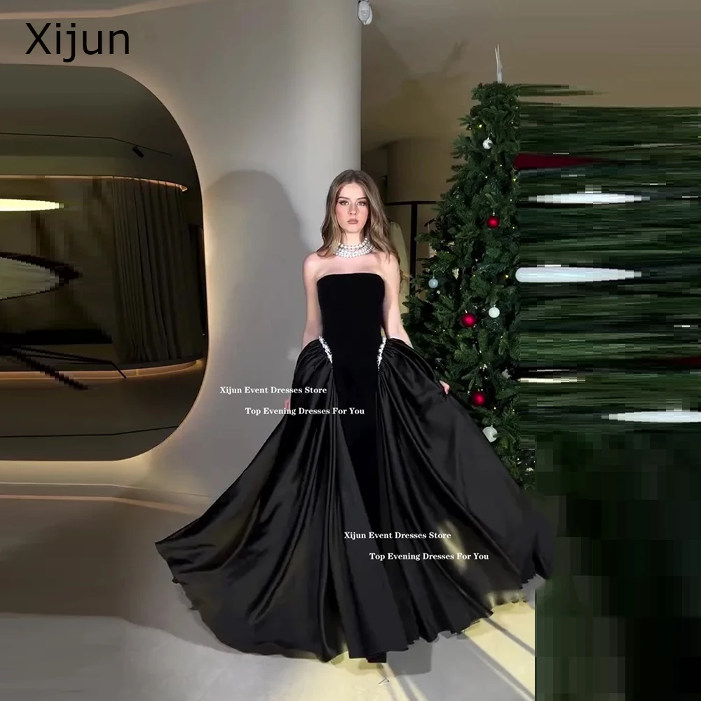 Xijun 럭셔리 롱 블랙 이브닝 드레스, 민소매 A 라인 무도회 드레스, 진주 비즈 무도회 가운, 정장 파티 드레스, 맞춤형