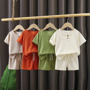 아기 소년 와플 의류 세트 어린이 솔리드 셔츠 + 반바지 2PCS 정장 유아 의상 여름 아동 의류 캐주얼