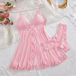 2 Pcs 세트 레이스 잠옷 여성 절묘한 Homewear Nighties 잠옷 투명 분할 Nightdress v-목 브래지어 팬티 세트