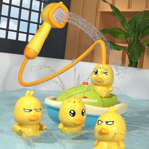귀여운 오리 욕조 보트 장난감, 3마리의 감성적인 오리와 자동 물 분사 기능, 유아 감각 발달 및 상호작용을 위한 아기 샤워 선물