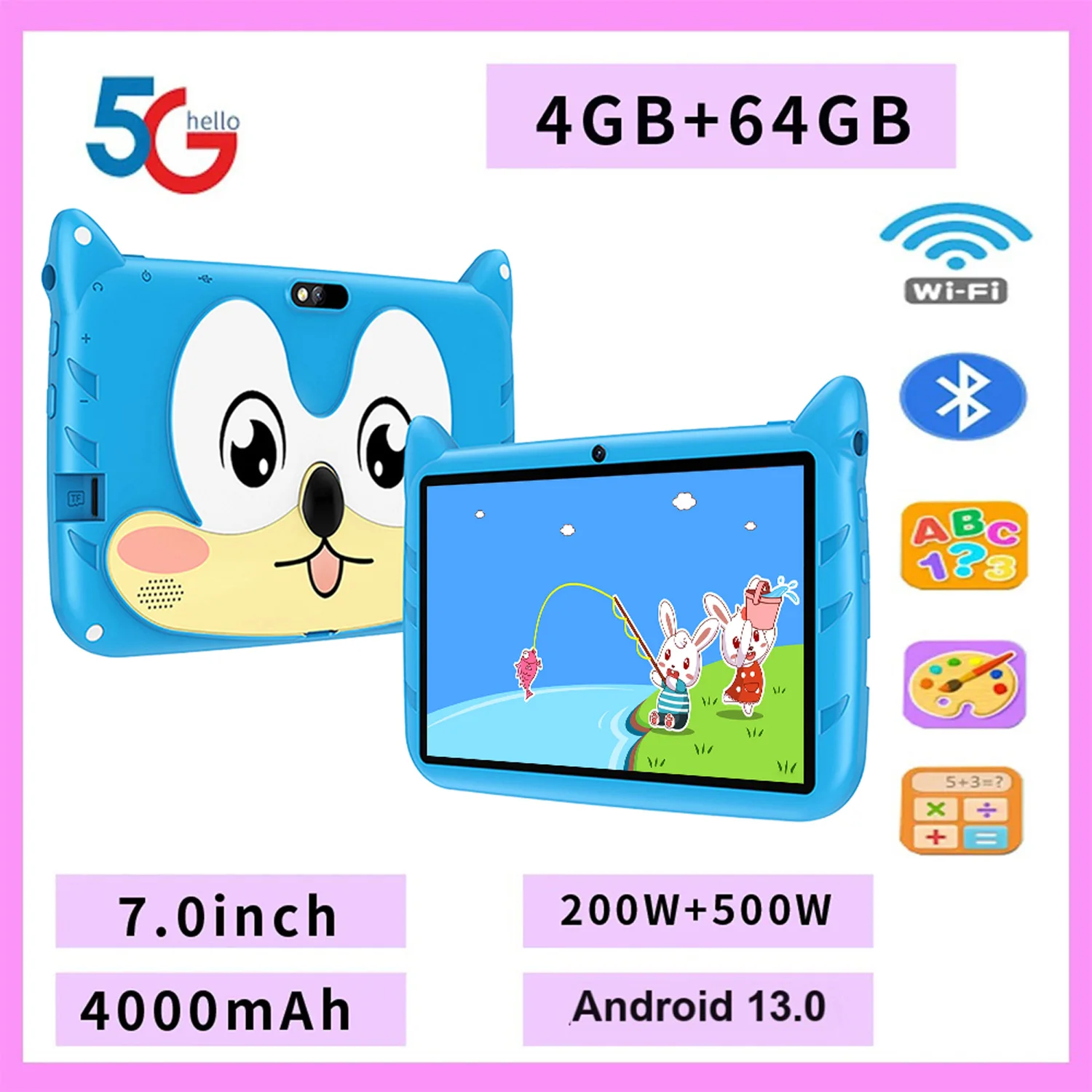 만화 패턴 쿼드 코어 4GB + 64GB ROM 블루투스 5G WiFi 학습 교육 게임 어린이 선물과 새로운 7 