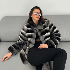 친칠라 모피 코트, 리얼 렉스 토끼 모피 재킷, 스탠드 칼라 짧은 모피 코트, 여성 따뜻한 겨울 아우터