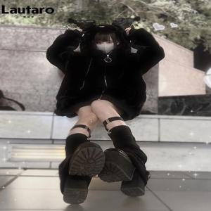 Lautaro 겨울 특대 따뜻한 두꺼운 흰색 가짜 모피 코트 여성 후드 달콤한 귀여운 카와이 일본식 패션 털이 자켓