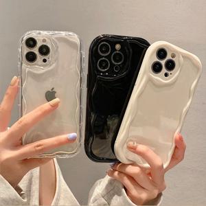웨이브 패턴 솔리드 컬러 크림 iPhone 11 12 13 14 15 16 Pro Max Plus 미니 투명 방지 커플 클리어 충격 방지 케이스