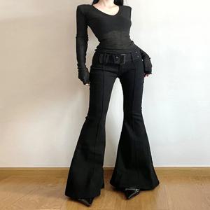 여성용 블랙 플레어 바지 Y2k Retro Emo 2000s 스트리트 패션 바지 하라주쿠 와이드 요가 바지 90s 미적 의류
