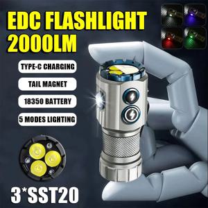 미니 EDC 손전등, USB 충전식 LED 손전등, 테일 마그넷 포함, RGB 사이드 램프, 캠핑 비상 램프, 2000LM 18350 배터리