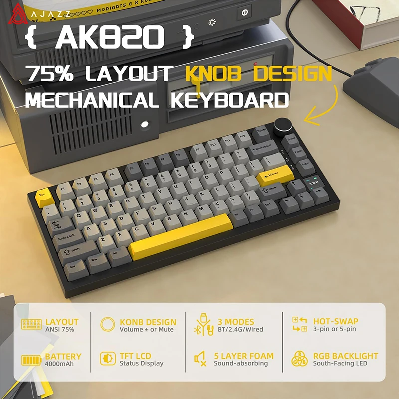 AJAZZ 기계식 키보드, TFT 스크린, 다기능 노브, 게임용 키보드, 유선, 2.4GHz, BT 연결 PC 키보드, AK820, AK820Pro