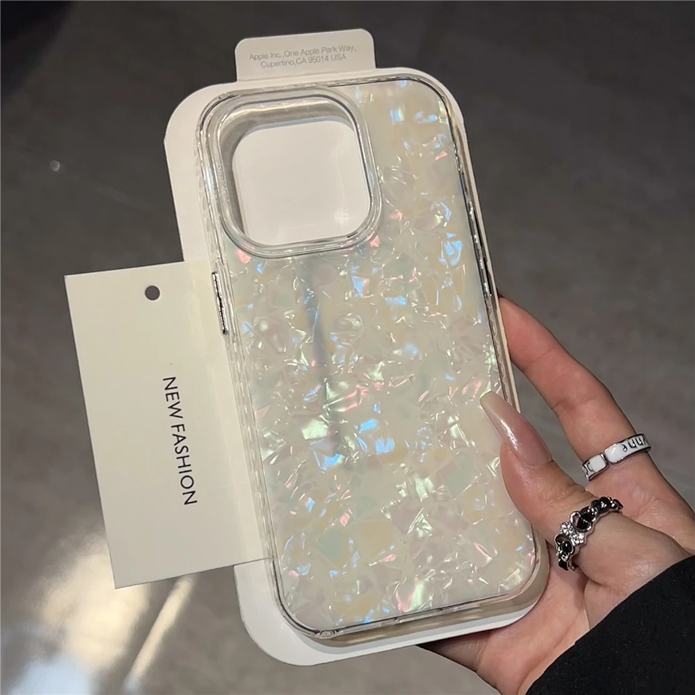iPhone 16 Pro Max 15 14 Plus 13 12 11 오로라 레이저 IMD 충격 방지 보호 커버 용 고급 오로라 광택 쉘 패턴 케이스