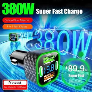 380W 차량용 휴대 전화 충전기 듀얼 PD 듀얼 Type-C 4-in-1 디지털 디스플레이 자동 충전기 DC 12V/24V 초고속 충전 어댑터