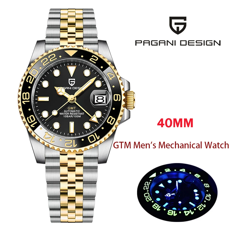 PAGANI DESIGN 남성용 GMT 시계, 럭셔리 사파이어 자동 기계식 시계, 40mm 스테인리스 스틸 방수 시계, V3 버전
