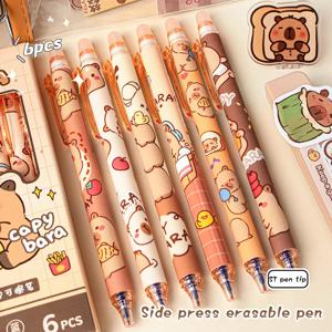 귀여운 카피바라 젤 펜 - 6Pcs Kawaii 펜 세트 빠른 건조 블루 지울 수있는 사무실 학교 Kawaii 미적 문구