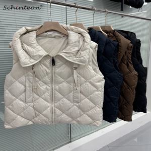 Schinteon 여성용 90% 화이트 덕 다운 조끼, 후드 포함 캐주얼 민소매 재킷, 아가일 심플 패션 슬림 탑, 가을 겨울 신상
