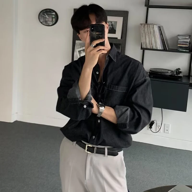 아메리칸 레트로 데님 셔츠 자켓 남성용 경량 루즈 긴 소매 하이 엔드 멀티 포켓 작업복 셔츠 여름 패션