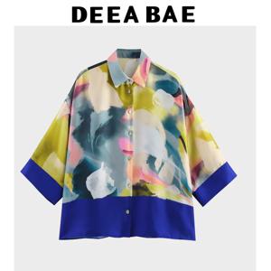 DEEABAE 새로운 여성 의류의 한국어 버전 복고풍 대조 인쇄 실크 새틴 질감 셔츠 싱글 브레스트 탑