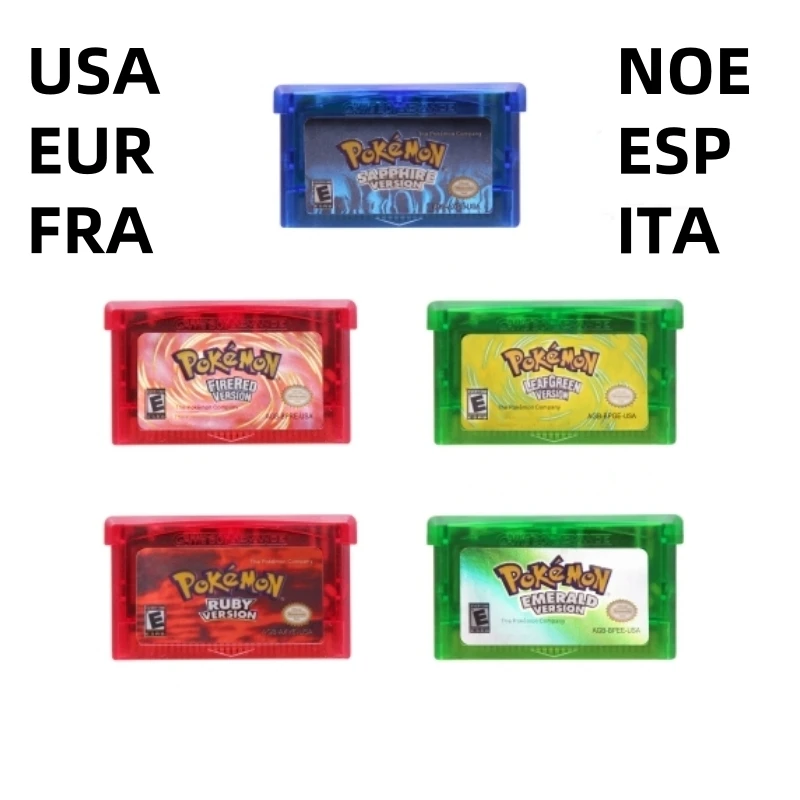 GBA 게임 카드 32 비트 비디오 게임 콘솔 카트리지 포켓몬 FireRed 에메랄드 LeafGreen 루비 사파이어 DS/NDS/GB 용 반짝 이는 라벨