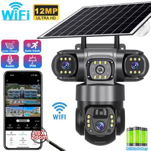 12MP HD 태양광 야외 카메라 3렌즈 3화면 10배줌 CCTV 야간 투시 IP66 방수 PIR 인체 감지 와이파이 보안 카메라