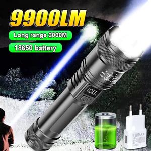 9900LM 강력한 LED 손전등 배터리 디스플레이 USB 충전식 라이트 텔레스코픽 줌 토치 램프 야외 캠핑 낚시 랜턴