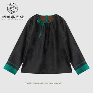 Xiangyunsha Top - 100% 뽕나무 실크, 중국 스타일 녹색 리본매듭 실크 블라우스, 전통 공예 복고풍 셔츠