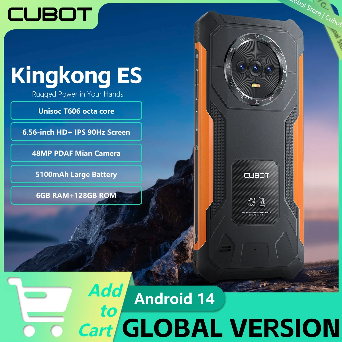 Cubot KingKong ES, 초슬림 러기드 스마트폰, 옥타코어, 16GB RAM(6GB+10GB)