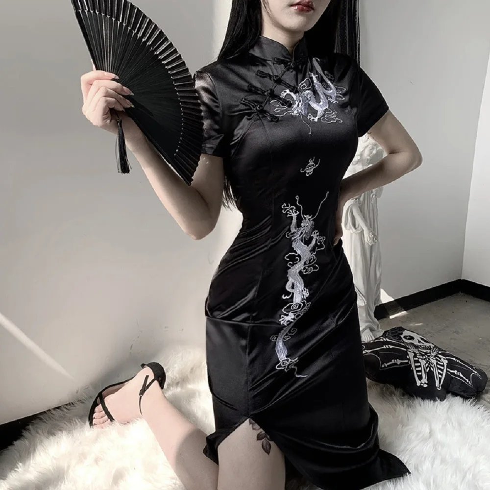여성용 일본 스타일 치파오 레트로 중국 전통 드래곤 자수 롱 치파오 스플릿 드레스, 우아한 숙녀 파티 의류