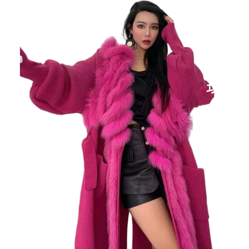 ZDFURS-신제품 진짜 여우털 뜨개질 오버사이즈 코트 여성용, 여우털 칼라 긴 스웨터, 길이 2022 cm, 가을 겨울, 110