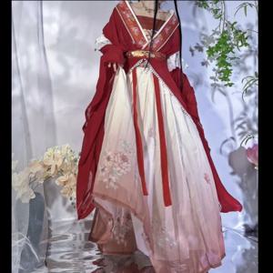 레트로 중국 스타일 레드 베스 티드 Hanfu 드레스 코스프레 여성 전통 인쇄 롱 스커트 5 조각 세트 우아한 여자 파티 스커트 세트