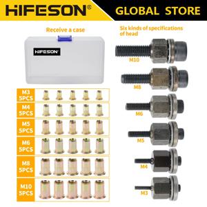 HIFESON 36 개/대 핸드 리벳 너트 건 도구 세트 박스 M3 M4 M5 M6 M8 M10 스테인레스 스틸 리벳 플랫 헤드 액세서리