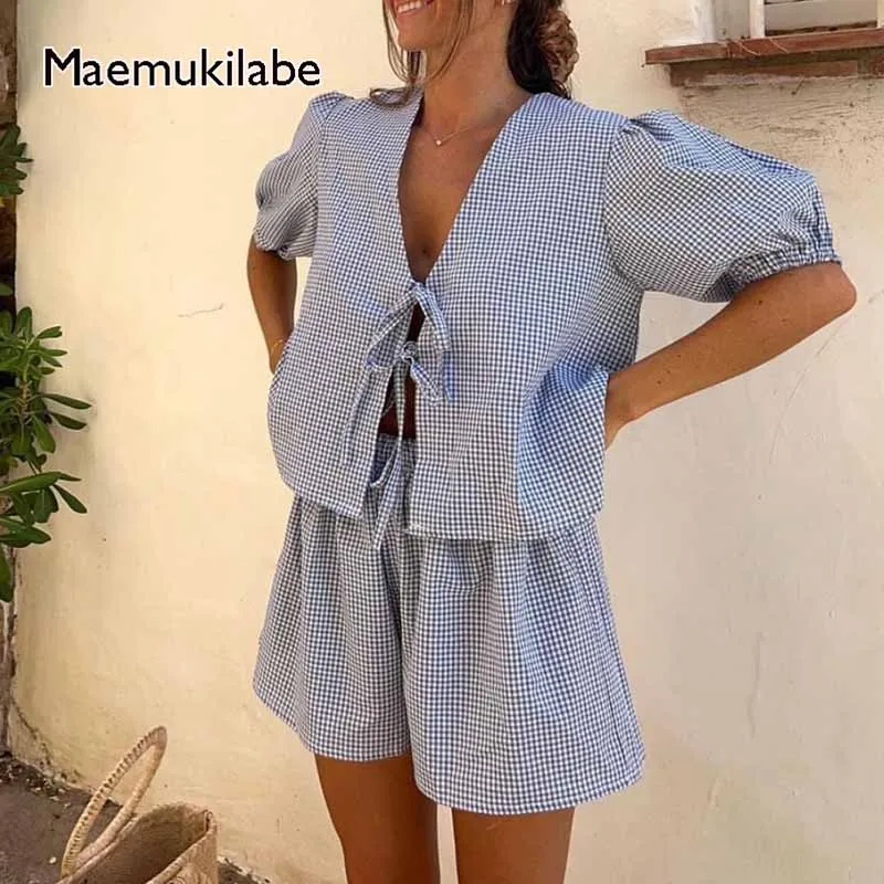 Maemukilabe Y2K 빈티지 격자 무늬 복장 루즈한 V 넥 퍼프 슬리브 프론트 타이 업 블라우스 탑 + 반바지 여성 2 피스 라운지 매칭 세트