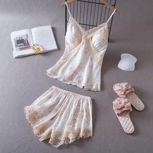 Daeyard 섹시한 레이스 캐미와 반바지 2 조각 잠옷 세트 여성용 실크 꽃 Pjs 란제리 세트 새틴 잠옷 Nightwear