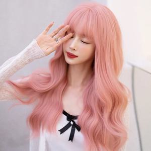 NAMM 긴 웨이브 곱슬 합성 사쿠라 핑크 가발, 앞머리 코스프레 데일리 파티 가발, 여성용 내열성 헤어 로리타 가발