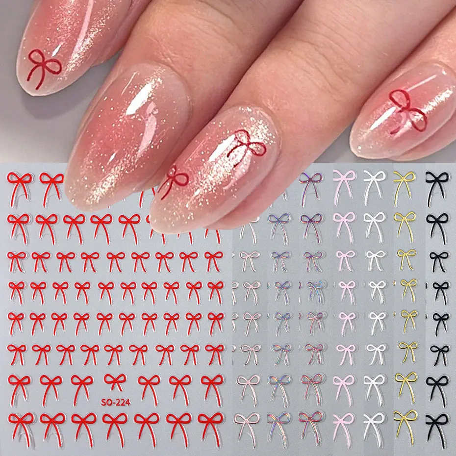 8pcs 혼합 색상 활 네일 아트 스티커 3D 귀여운 레드 블랙 핑크 bowknot 네일 매력 포일 Y2K 골드 레이저 효과 활 매니큐어 장식
