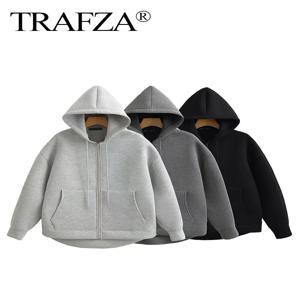 TRAFZA 여성용 지퍼 후드 코트, 하이 스트리트 더블 포켓 재킷, 오버사이즈 루즈 스웻셔츠, 아우터 상의, 겨울 신상
