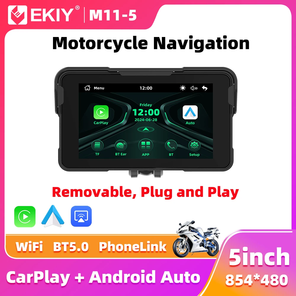 EKIY 무선 CarPlay 모토 안드로이드 자동 5 인치 휴대용 디지털 오토바이 대시 보드 GPS 오토바이 네비게이션 디스플레이 화면