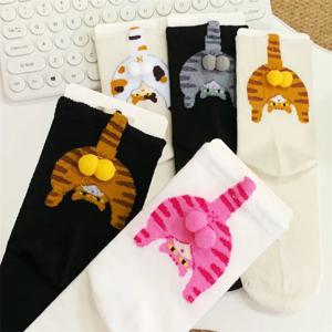 만화 고양이 계란 커플 양말 출산을위한 아늑한 중반 종아리 면 따뜻한 겨울 크리스마스 고양이 애호가 가족을위한 귀여운 선물