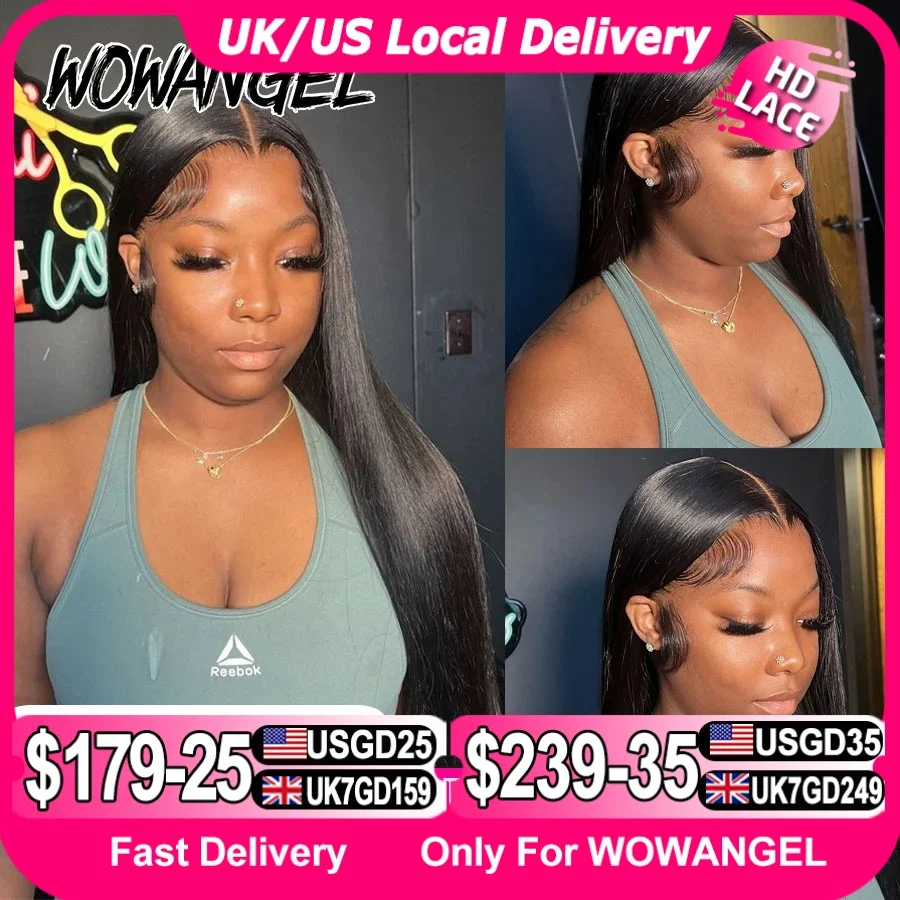 WowAngel 250% Pre Bleached 13x6 HD 레이스 프론트 가발 34in Glueless 스트레이트 인간의 머리 가발 Pre Plucked 브라질 헤어 여성용