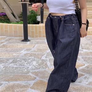 여름 세련된 레트로 하이 웨이스트 드로우 스트링 디자인 와이드 레그 스트레이트 컷 청바지 롱 팬츠 여성 패션 다목적 스티치