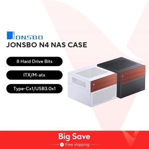 JONSBO 블랙 NAS 섀시 M-ATX 마더보드 SFX 전원 슬롯 6 개, 대형 2 개, 소형 하드 드라이브 슬롯 120mm x 1 팬, 월넛 장식 패널, N4