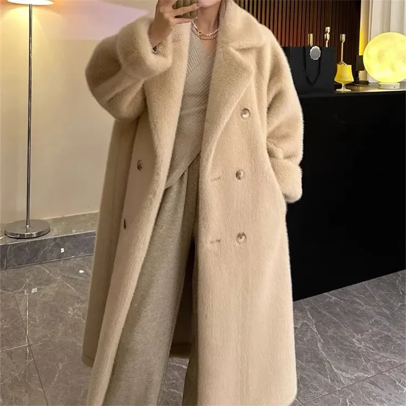 베이지 환경 친화적인 모피 가짜 밍크 모피 길고 느슨하고 두꺼운 핑크 밍크 모피 통합 양복 칼라 모피 코트 여성용